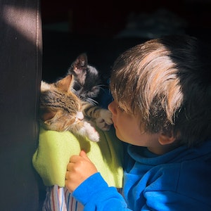 Child playing with cat